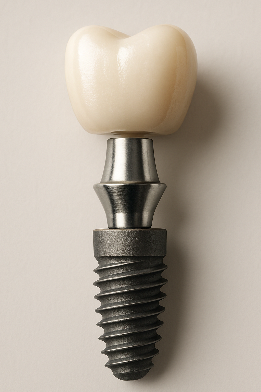 Close up shot of the three main parts of an implant: the implant fixture, the abutment, and the crown. The abutment is connecting the implant fixture and the crown. No text on image.