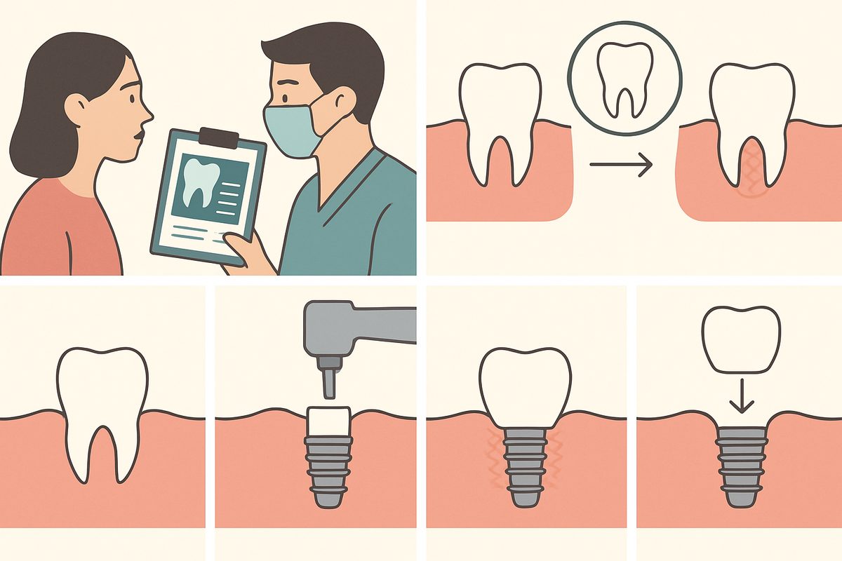 A chronological, step-by-step infographic that visualizes the process of getting dental implants, from initial consultation and treatment planning to implant placement, healing, and final restoration with a crown. No text on image.